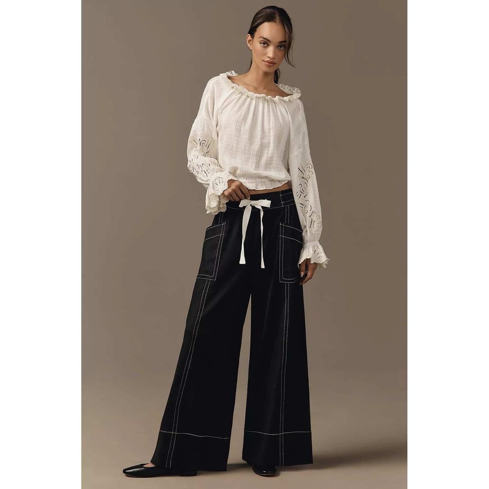 Anthropologie Maeve Wide-Leg Pants Women L Black Linen Blend Contrast Stitch - Picture 2 of 4